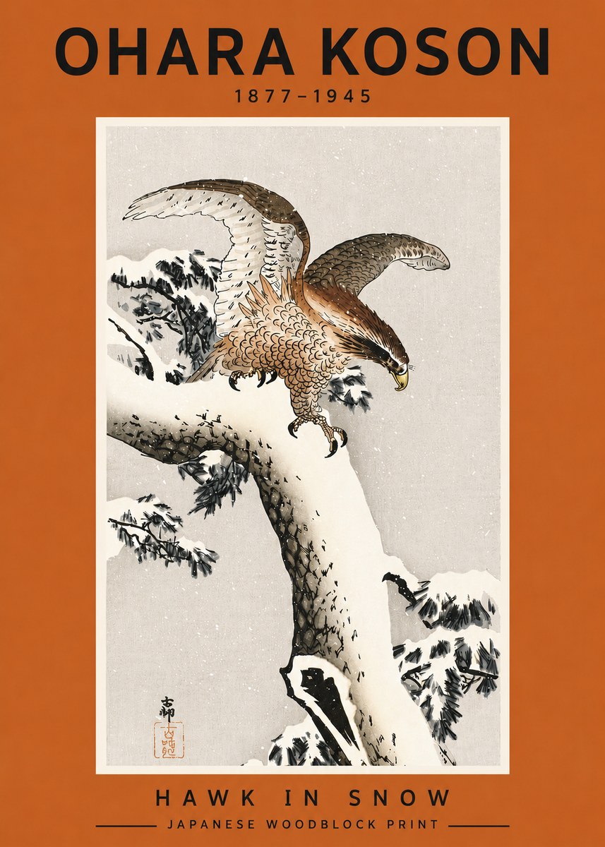 Ohara Koson Hawk in Snow No4 - Affiche