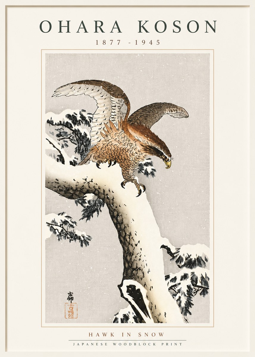 Ohara Koson Hawk in Snow No5 - Affiche