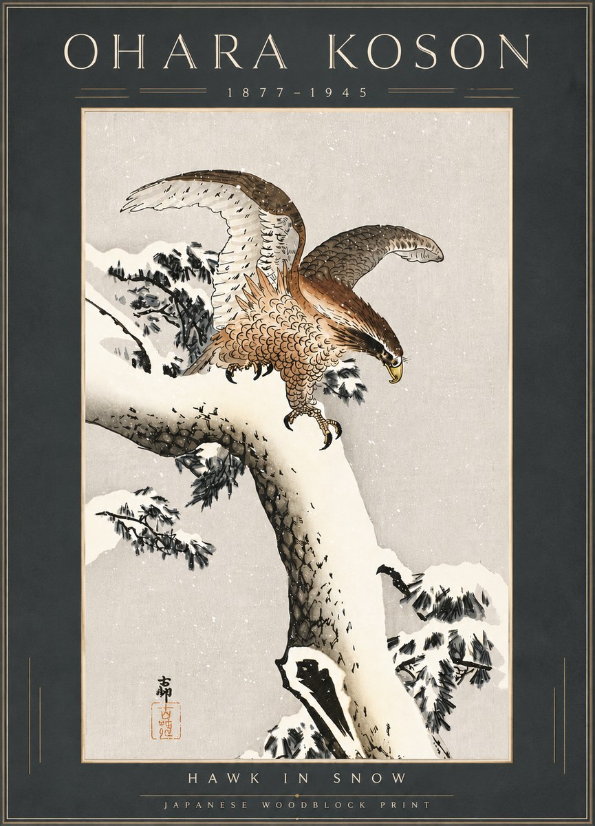 Ohara Koson Hawk in Snow No6 - Affiche
