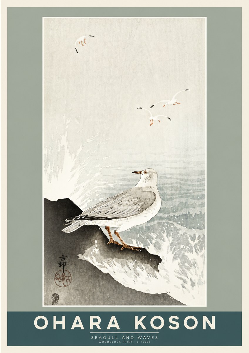 Ohara Koson Seagull and Waves No2 - Affiche