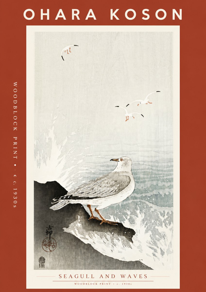 Ohara Koson Seagull and Waves No5 - Affiche