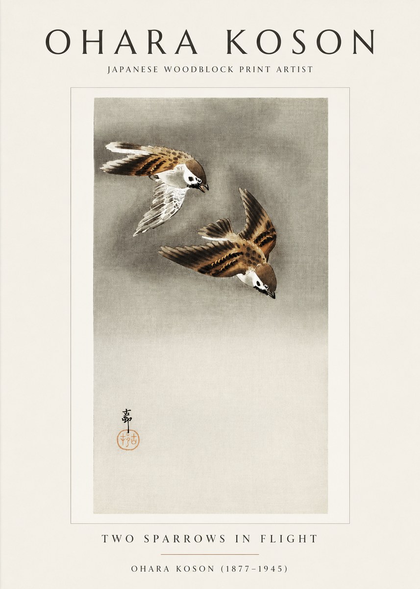 Ohara Koson Two Sparrows in Flight No1 - Affiche