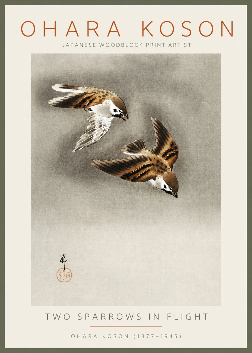 Ohara Koson Two Sparrows in Flight No2 - Affiche