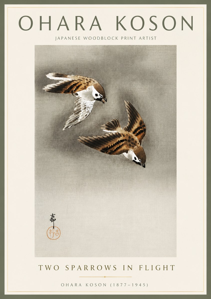 Ohara Koson Two Sparrows in Flight No4 - Affiche