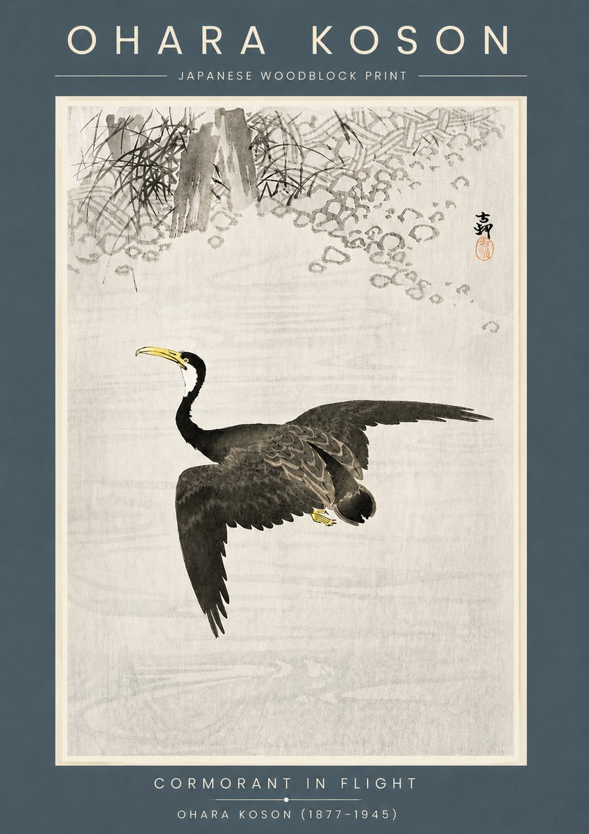 Ohara Koson Cormorant in Flight No6 - Affiche