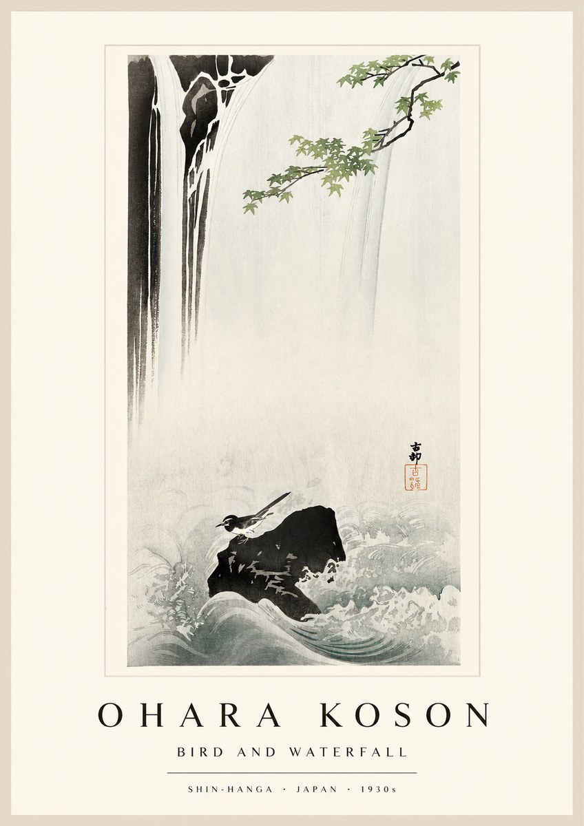 Ohara Koson Bird and Waterfall No1 - Affiche
