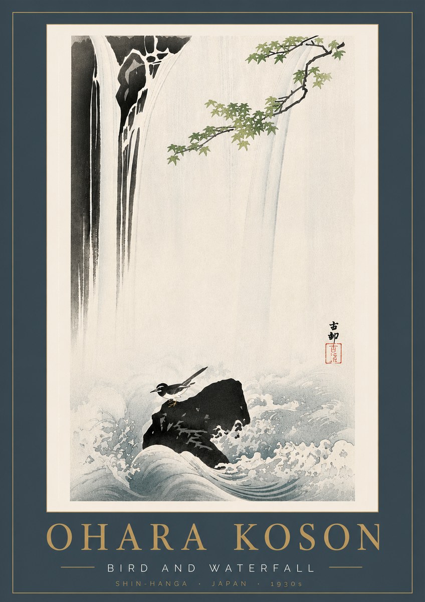 Ohara Koson Bird and Waterfall No6 - Affiche