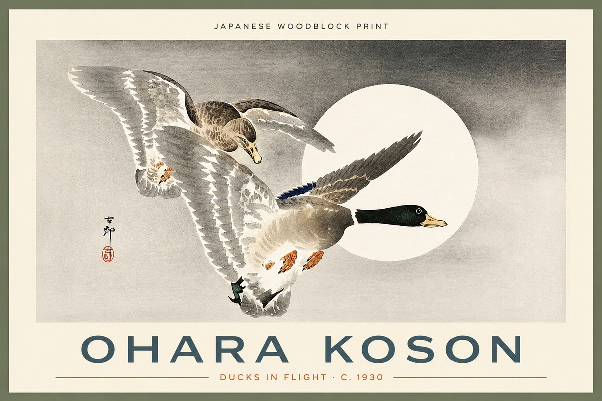 Ohara Koson Ducks in Flight No2 - Affiche