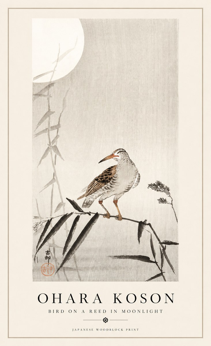 Ohara Koson Bird on a Reed in Moonlight No1 - Affiche