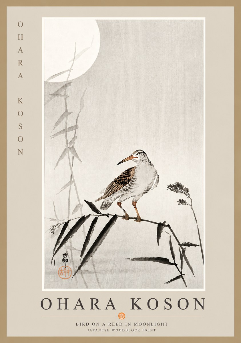 Ohara Koson Bird on a Reed in Moonlight No6 - Affiche