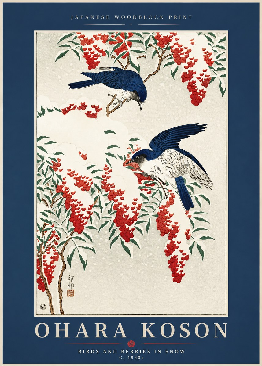 Ohara Koson Birds and Berries in Snow No2 - Affiche
