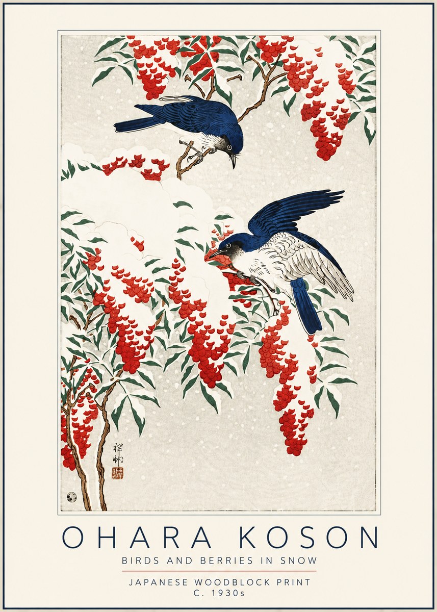 Ohara Koson Birds and Berries in Snow No5 - Affiche