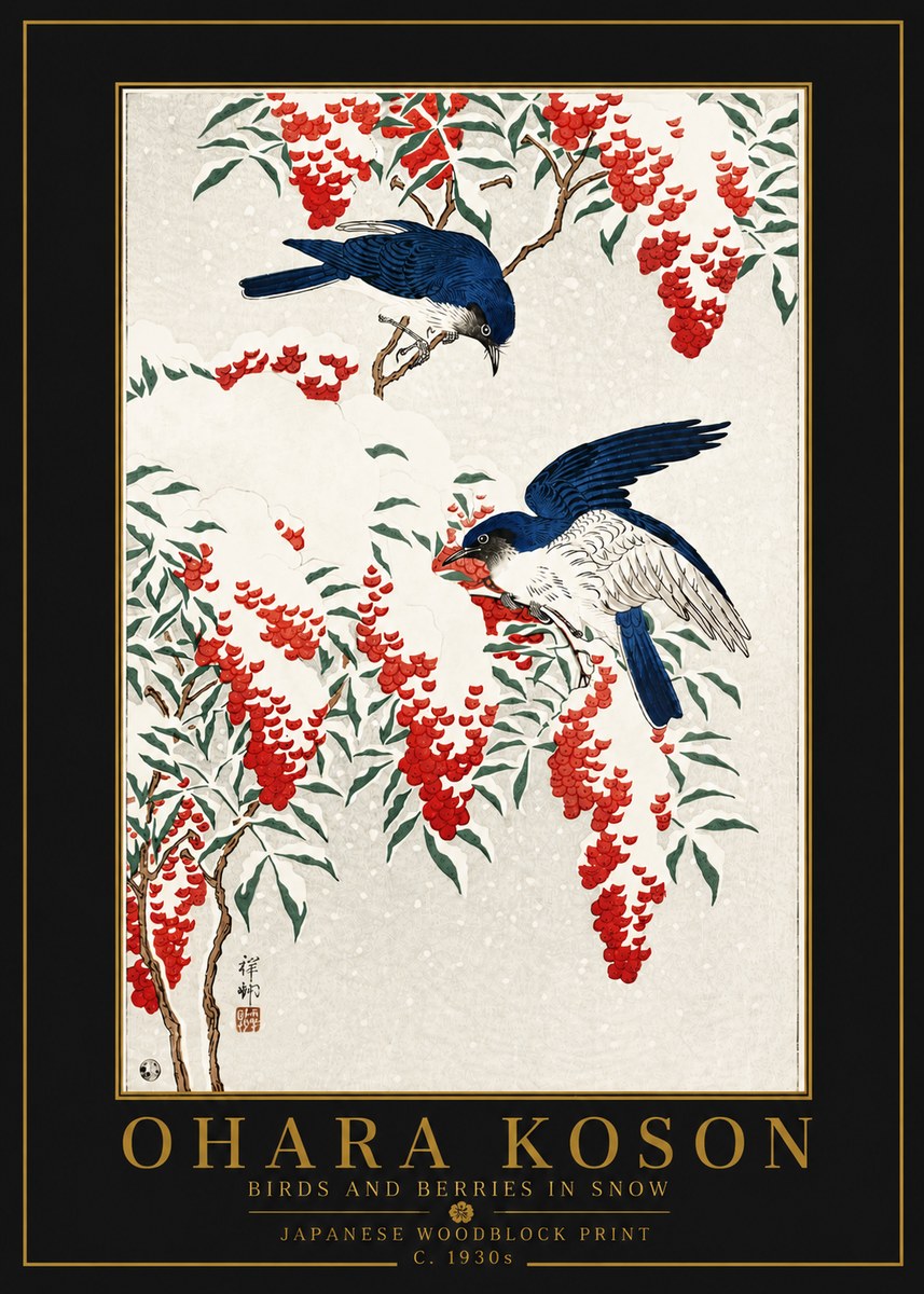 Ohara Koson Birds and Berries in Snow No6 - Affiche