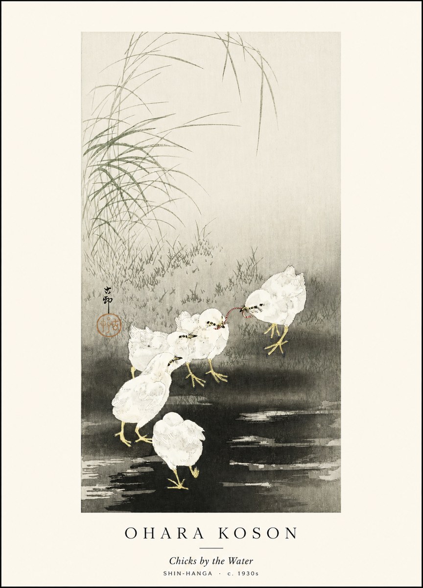 Ohara Koson Chicks by the Water No1 - Affiche