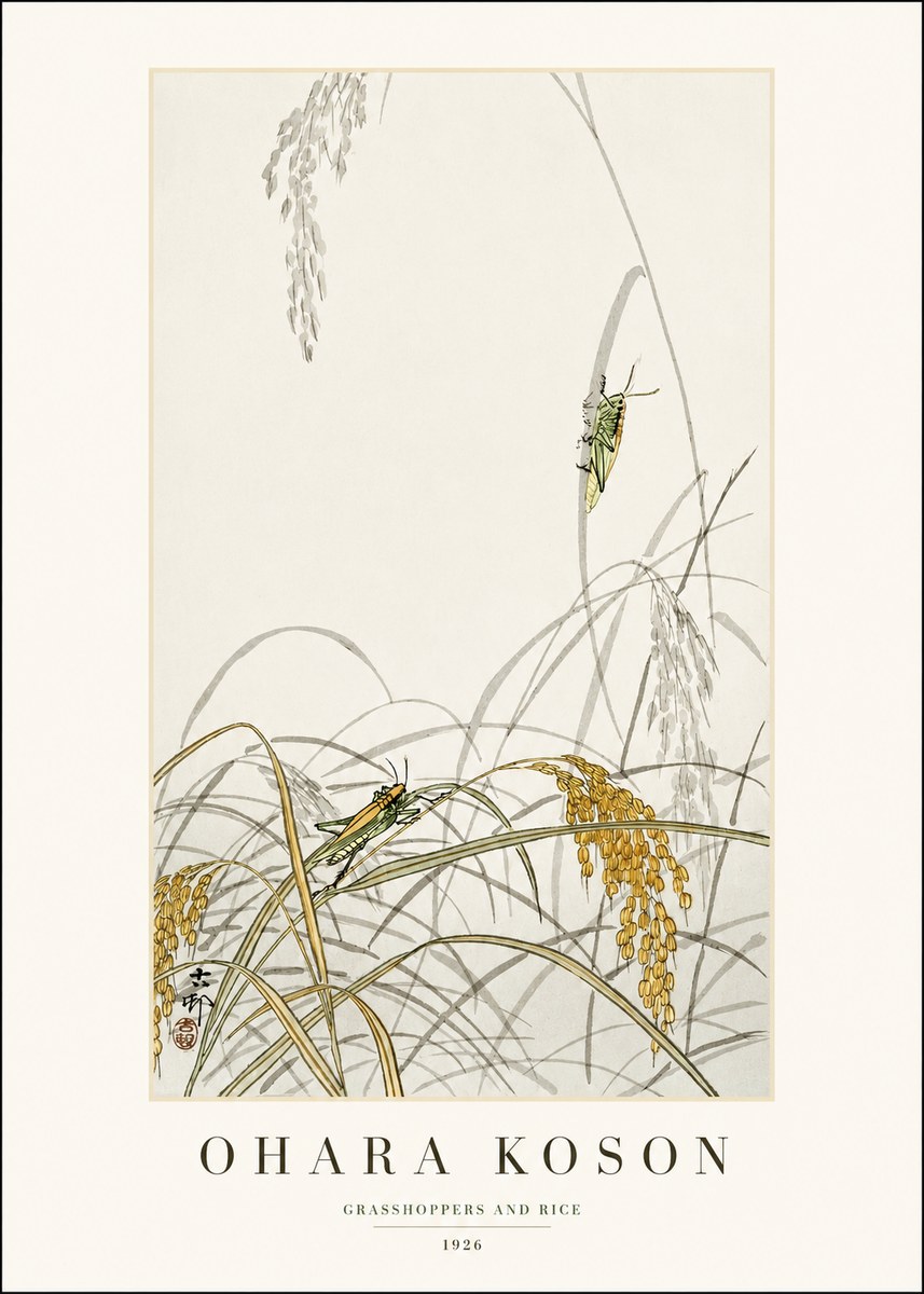 Ohara Koson Grasshoppers and Rice No1 - Affiche