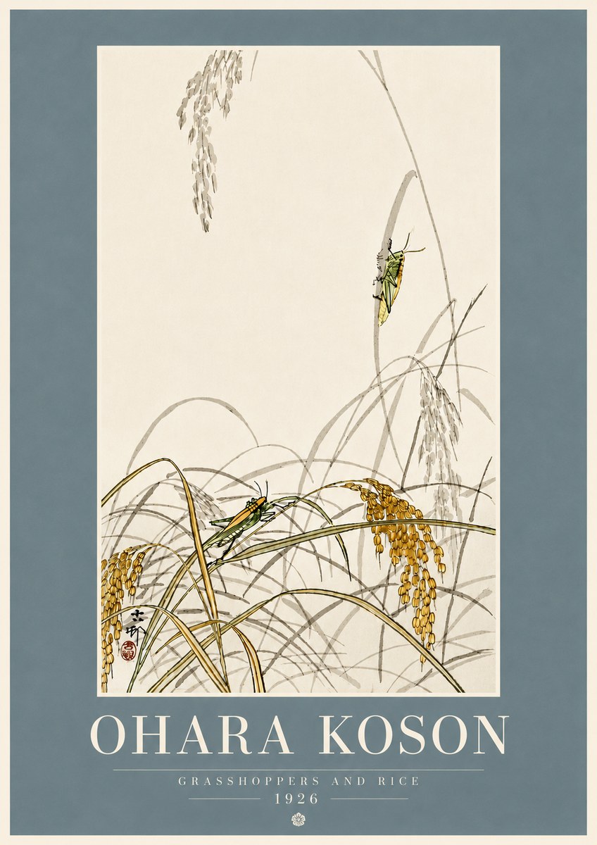 Ohara Koson Grasshoppers and Rice No5 - Affiche