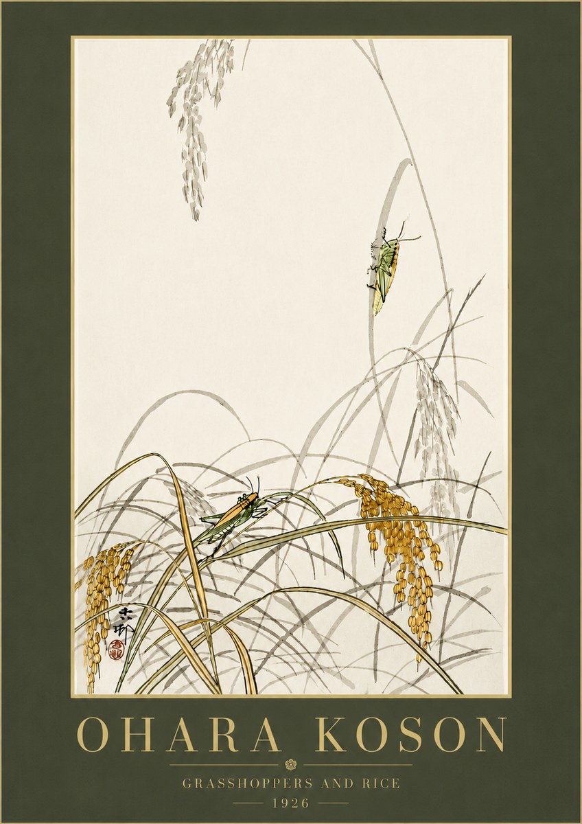 Ohara Koson Grasshoppers and Rice No6 - Affiche