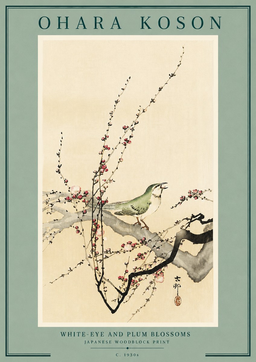 Ohara Koson White-eye and Plum Blossoms No6 - Affiche