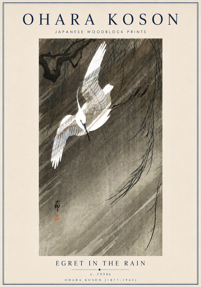 Ohara Koson Egret in the Rain II No3 - Affiche