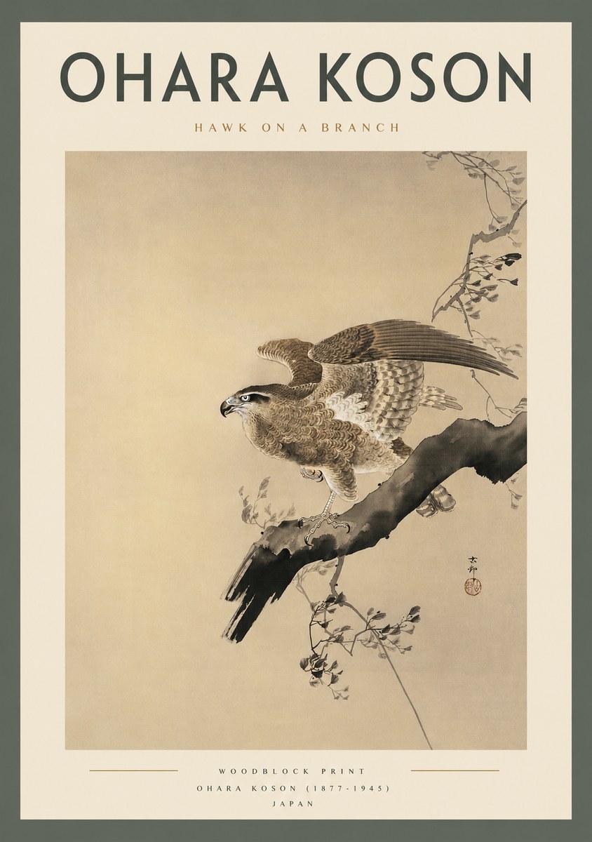 Ohara Koson Hawk on a Branch I No2 - Affiche