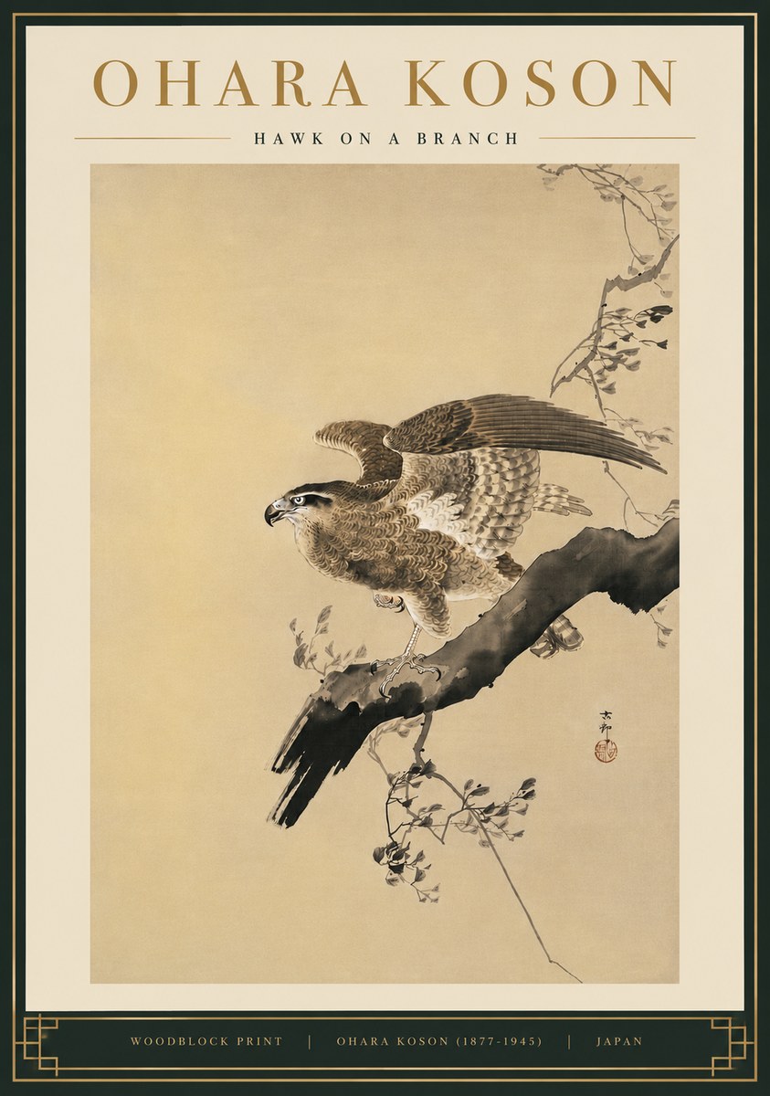 Ohara Koson Hawk on a Branch I No5 - Affiche