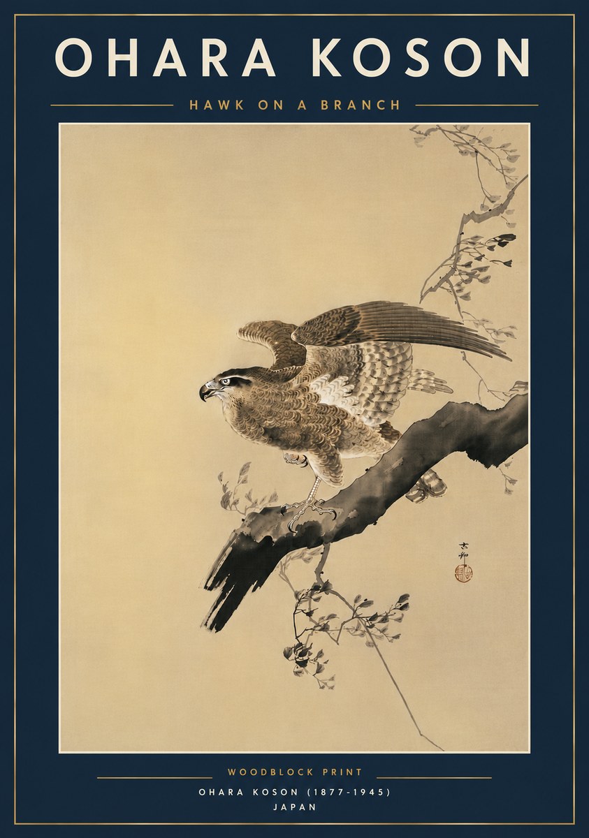 Ohara Koson Hawk on a Branch I No6 - Affiche