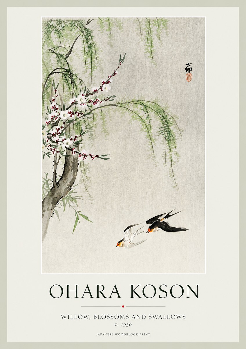 Ohara Koson Willow, Blossoms and Swallows No1 - Affiche