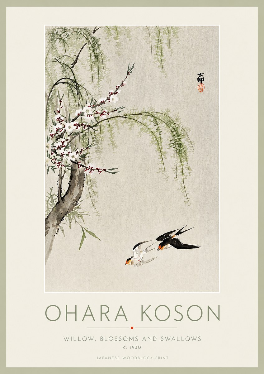 Ohara Koson Willow, Blossoms and Swallows No3 - Affiche