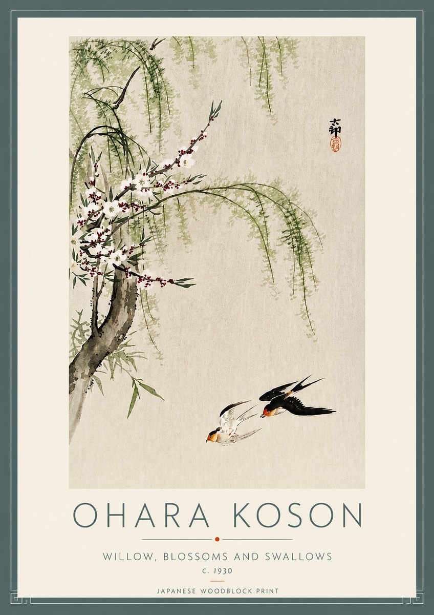 Ohara Koson Willow, Blossoms and Swallows No4 - Affiche