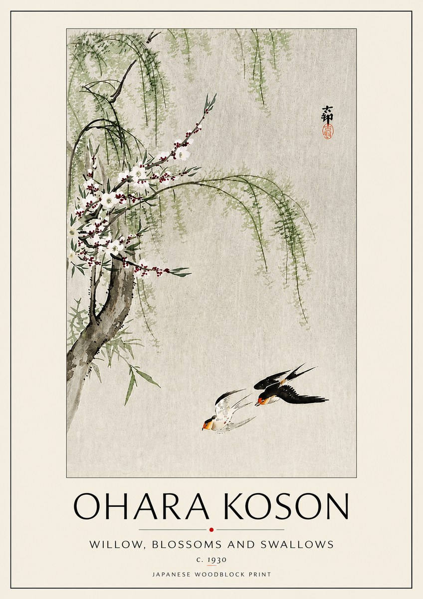 Ohara Koson Willow, Blossoms and Swallows No5 - Affiche