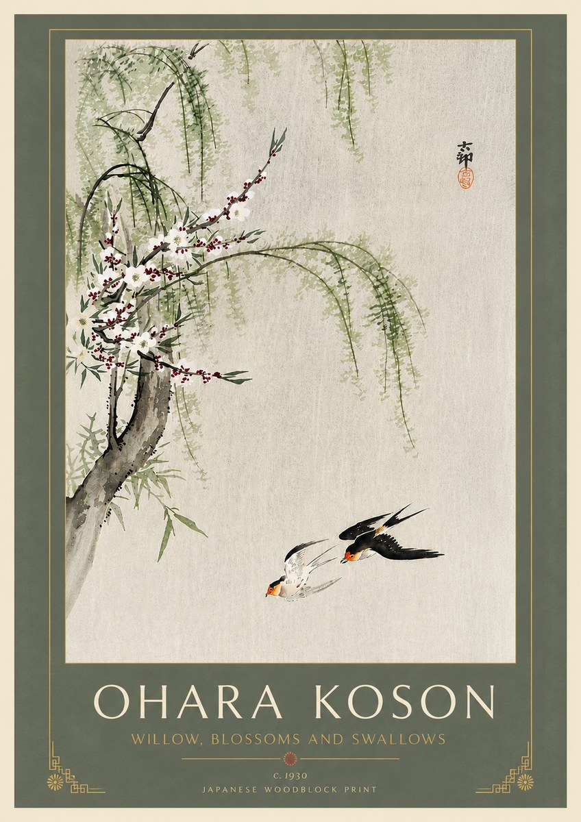 Ohara Koson Willow, Blossoms and Swallows No6 - Affiche