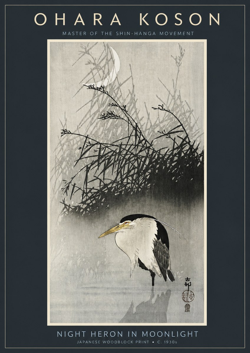Ohara Koson Night Heron in Moonlight No2 - Affiche