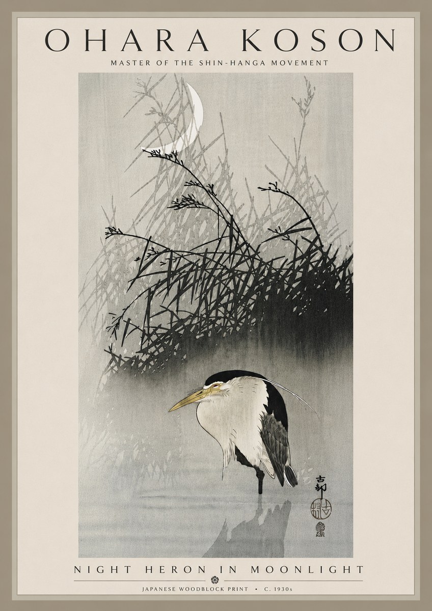 Ohara Koson Night Heron in Moonlight No5 - Affiche
