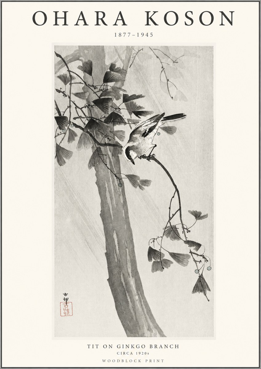 Ohara Koson Tit on Ginkgo Branch No1 - Affiche