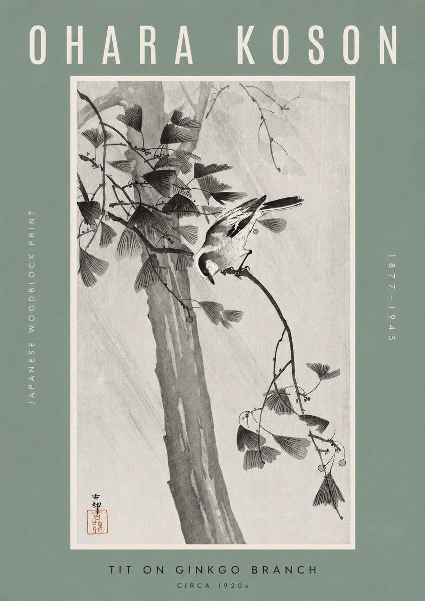 Ohara Koson Tit on Ginkgo Branch No2 - Affiche