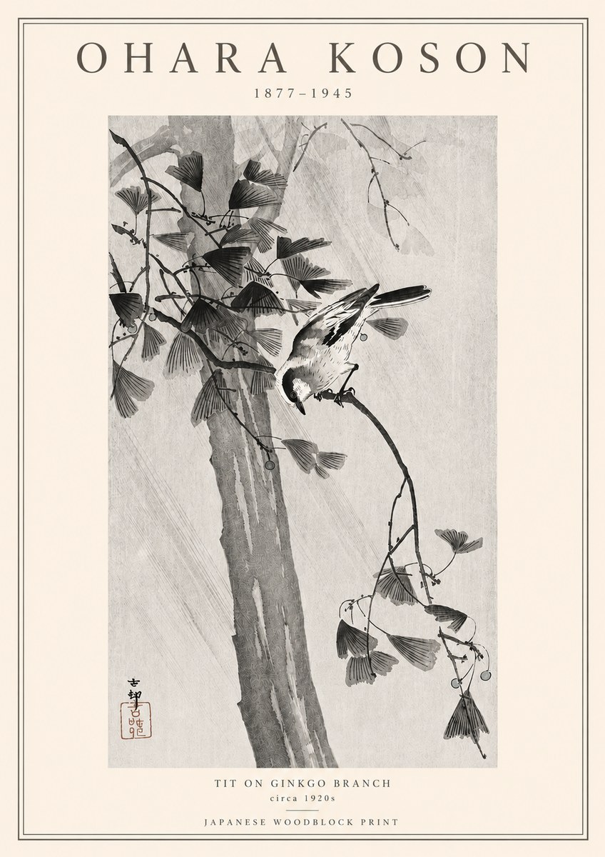 Ohara Koson Tit on Ginkgo Branch No3 - Affiche