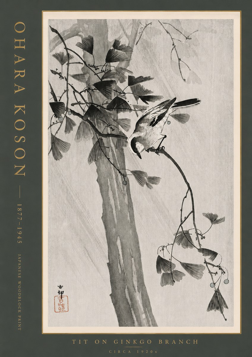 Ohara Koson Tit on Ginkgo Branch No4 - Affiche