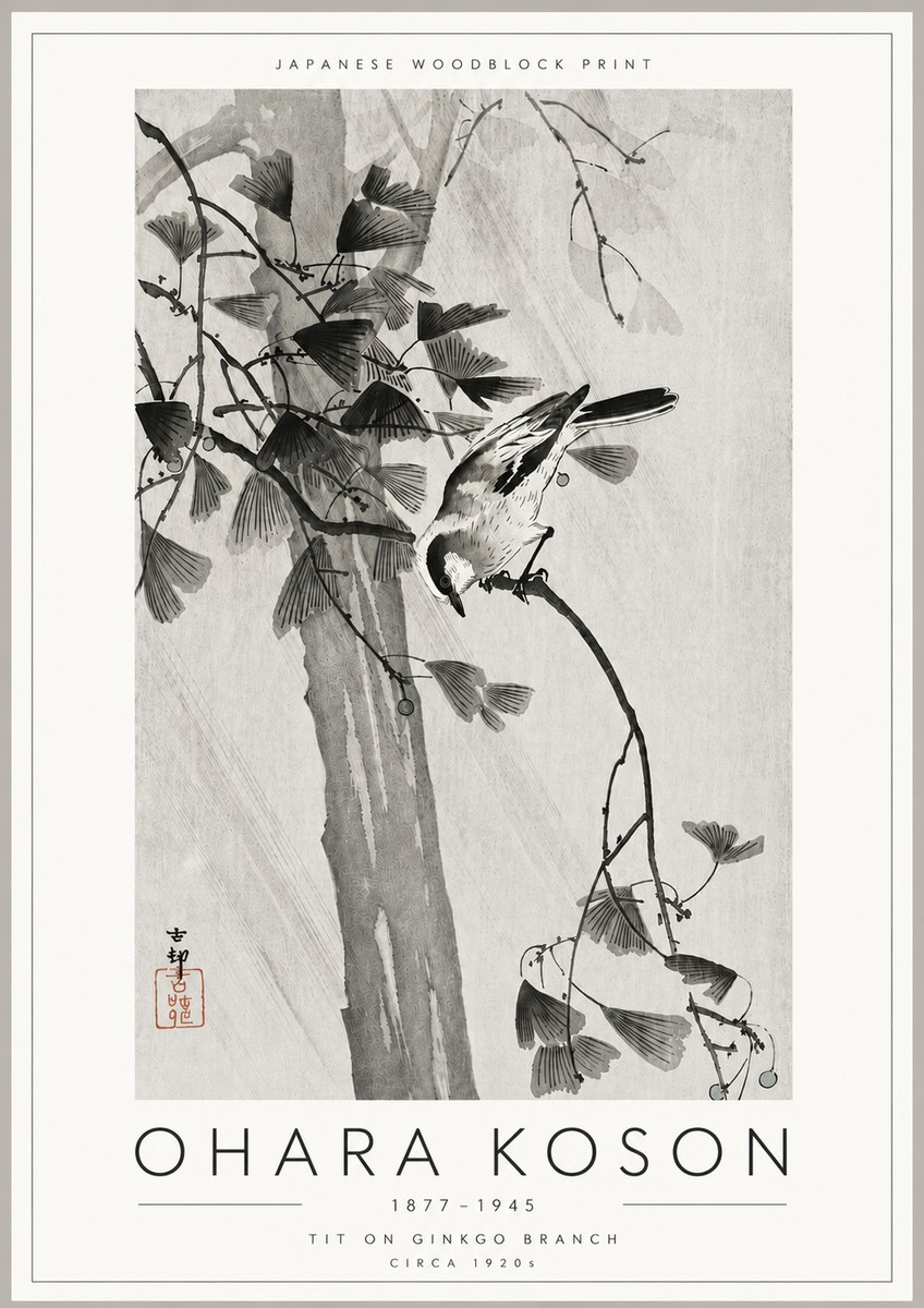 Ohara Koson Tit on Ginkgo Branch No6 - Affiche