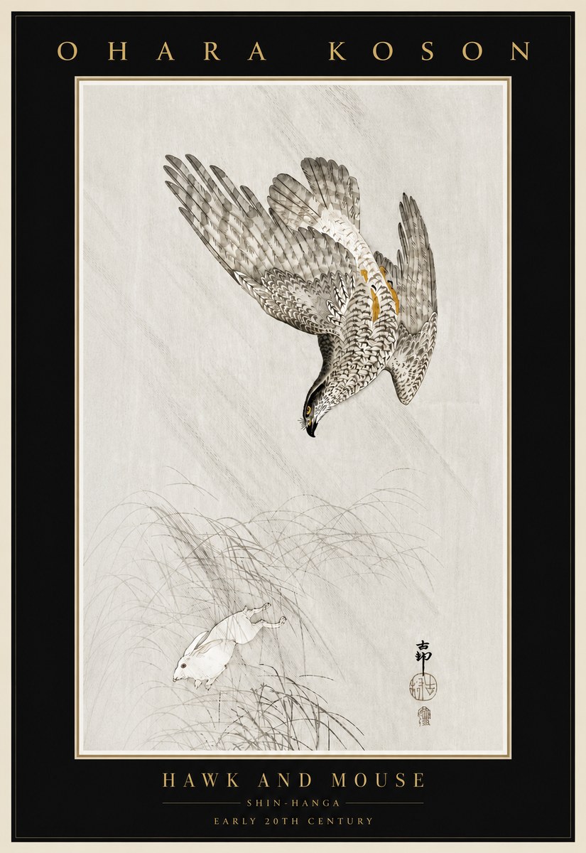 Ohara Koson Hawk and Mouse No4 - Affiche