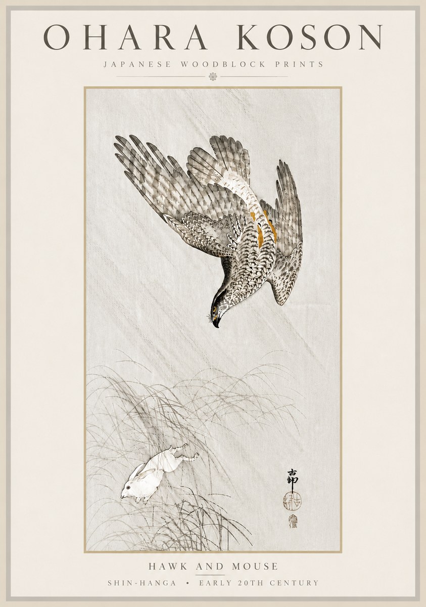 Ohara Koson Hawk and Mouse No6 - Affiche