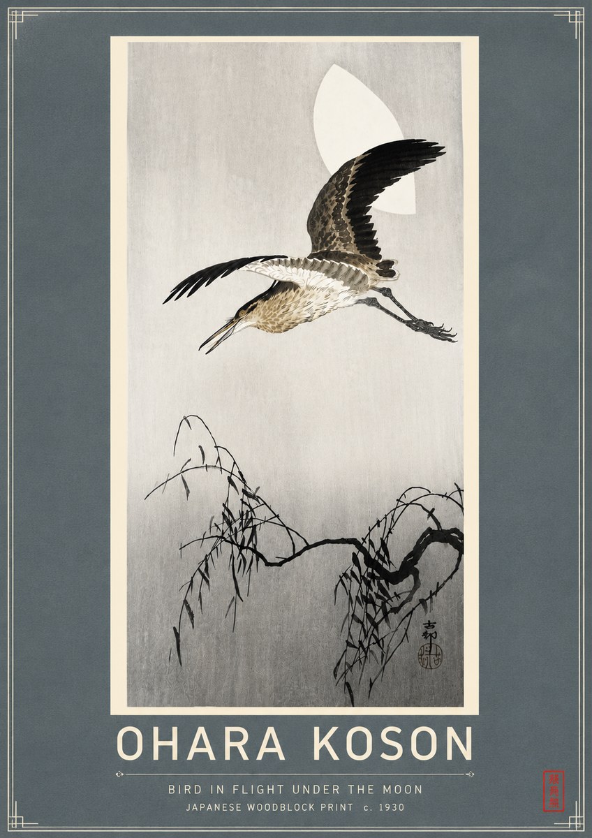 Ohara Koson Bird in Flight Under the Moon No4 - Affiche