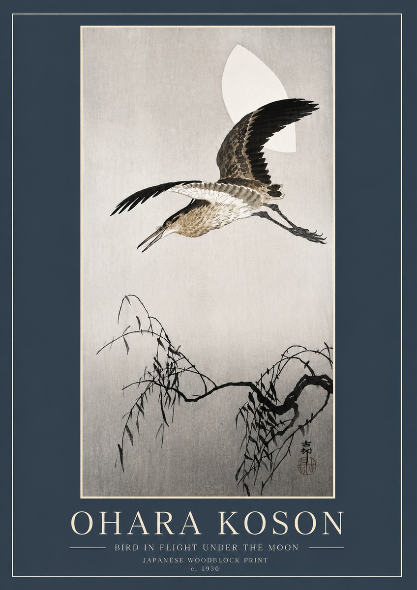 Ohara Koson Bird in Flight Under the Moon No6 - Affiche