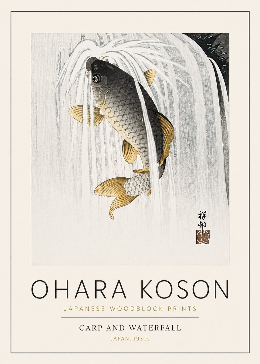 Ohara Koson Carp and Waterfall No3 - Affiche
