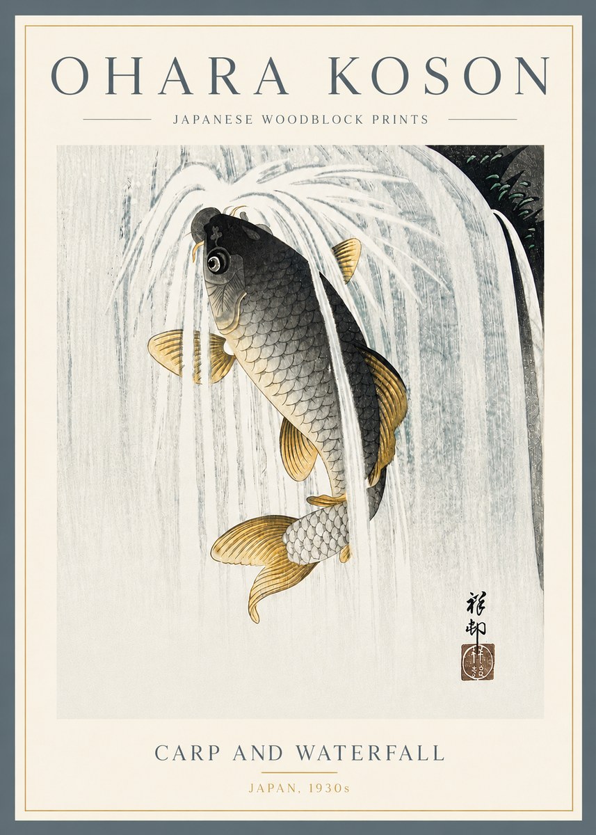 Ohara Koson Carp and Waterfall No5 - Affiche