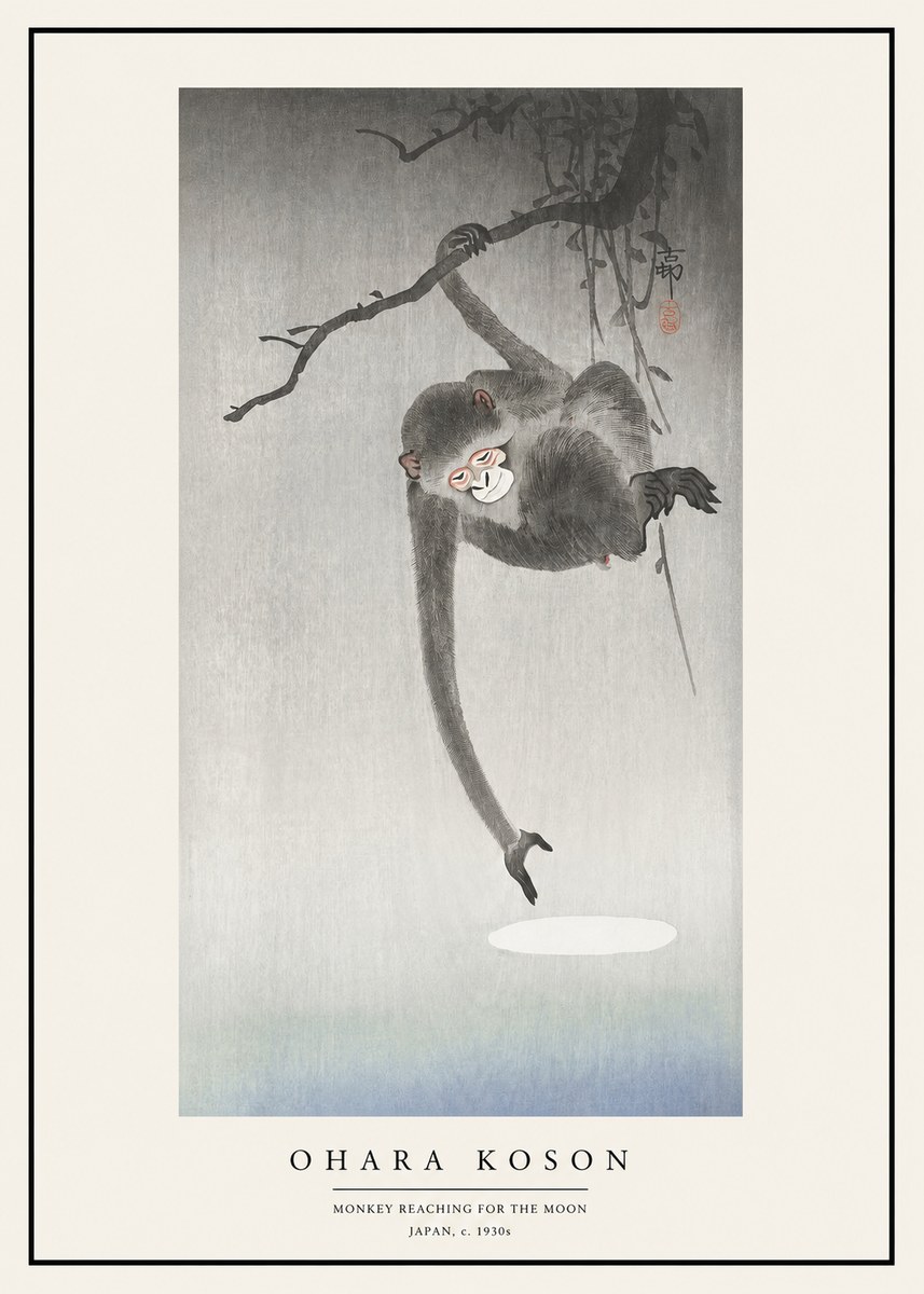 Ohara Koson Monkey Reaching for the Moon No1 - Affiche