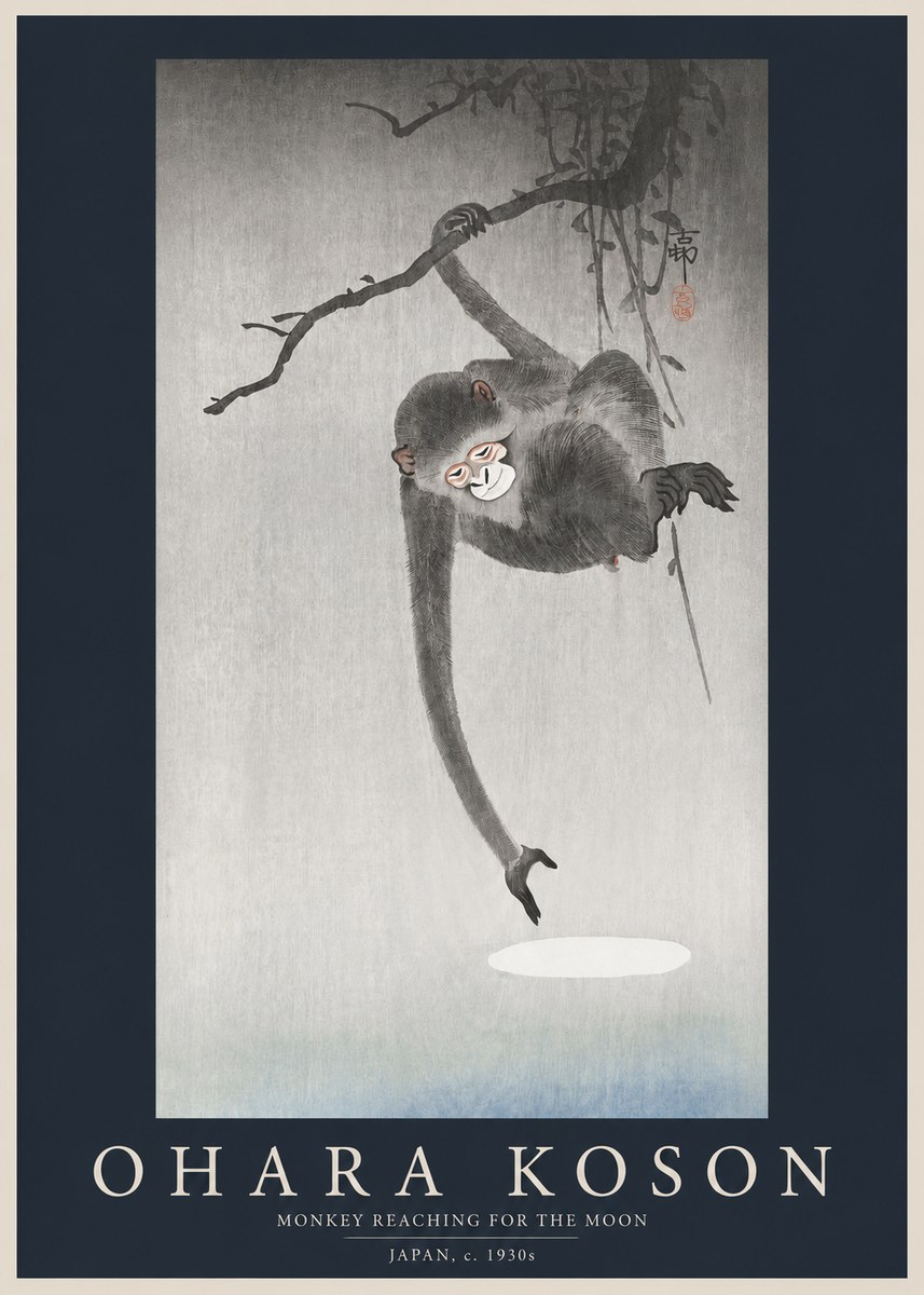 Ohara Koson Monkey Reaching for the Moon No2 - Affiche