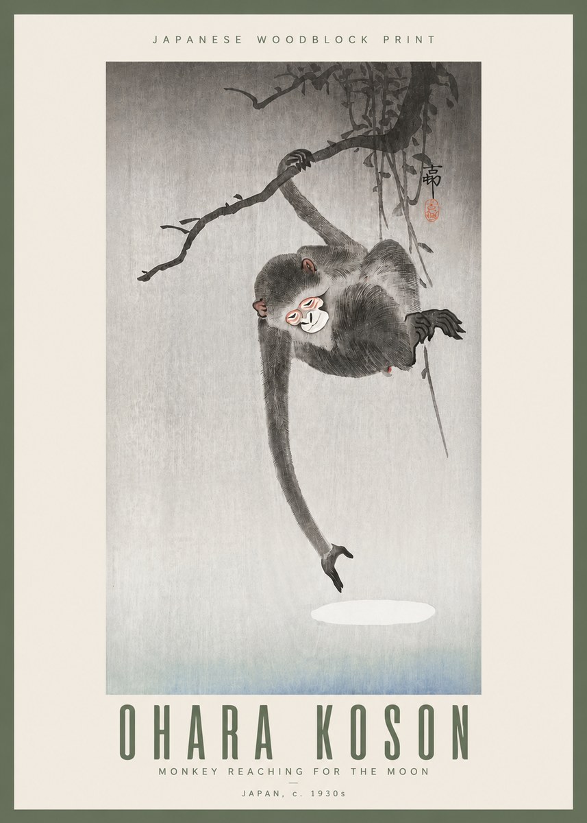 Ohara Koson Monkey Reaching for the Moon No3 - Affiche