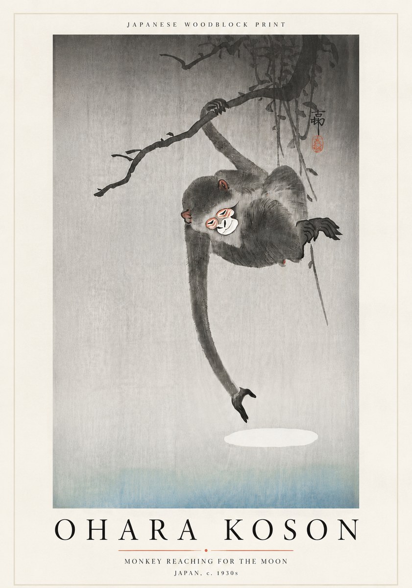 Ohara Koson Monkey Reaching for the Moon No6 - Affiche