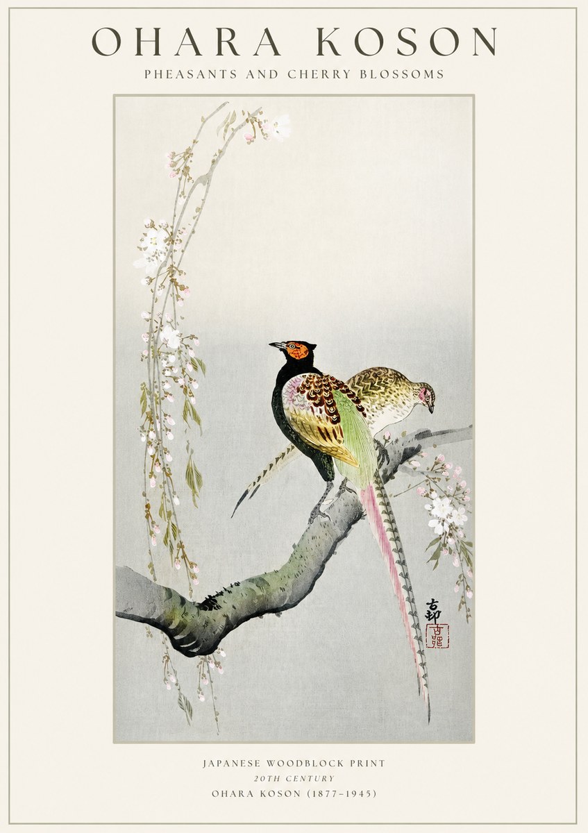 Ohara Koson Pheasants and Cherry Blossoms II No1 - Affiche