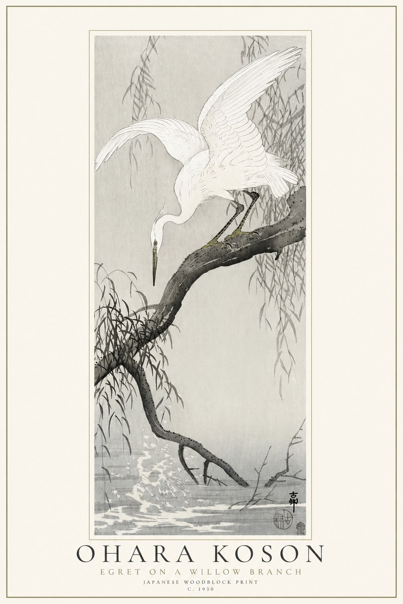 Ohara Koson Egret on a Willow Branch No1 - Affiche